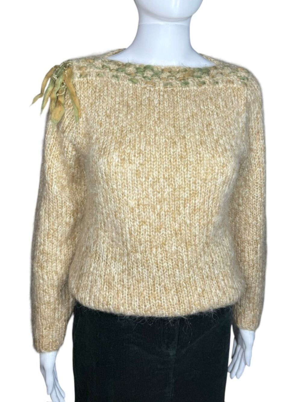 Vintage 60s Ann Wi Mohair Textured Hand Knit Artisan Fuzzy Sweater Small